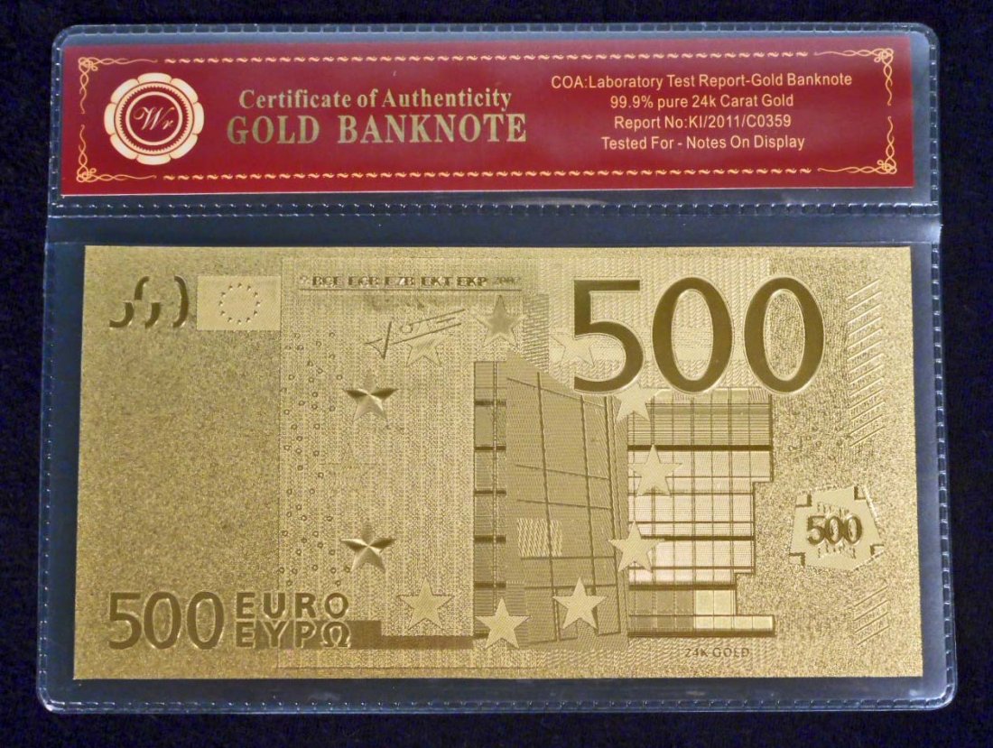 99.9% 24K GOLD 500 EURO BANKNOTE W/ COA: Collectible Gold only, No monetary value, No Bullion.