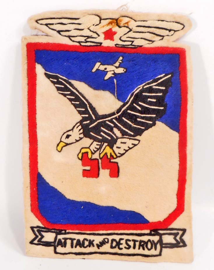 USAAF ARMY AIR FORCE BOMB SQUADRON FLIGHT JACKET PATCH: Measures 4 3/16" wide by 6 1/8" tall. Hand and machine embroidered on a beige wool backing. Theater made.