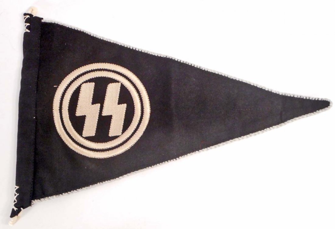 GERMAN NAZI WAFFEN SS OFFICERS STAFF CAR PENNANT: Measures 13 3/4" wide by 9" tall. Has a pair of machine embroidered runics in the center. Double sided. Machine sewn cotton construction.