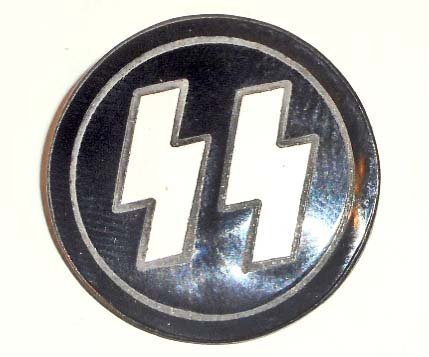 GERMAN NAZI WAFFEN SS PARTY MEMBER BADGE: Measures 7/8" in diameter. Maker marked 'RZM M1/122'. Pin back. Nickel construction with enamel