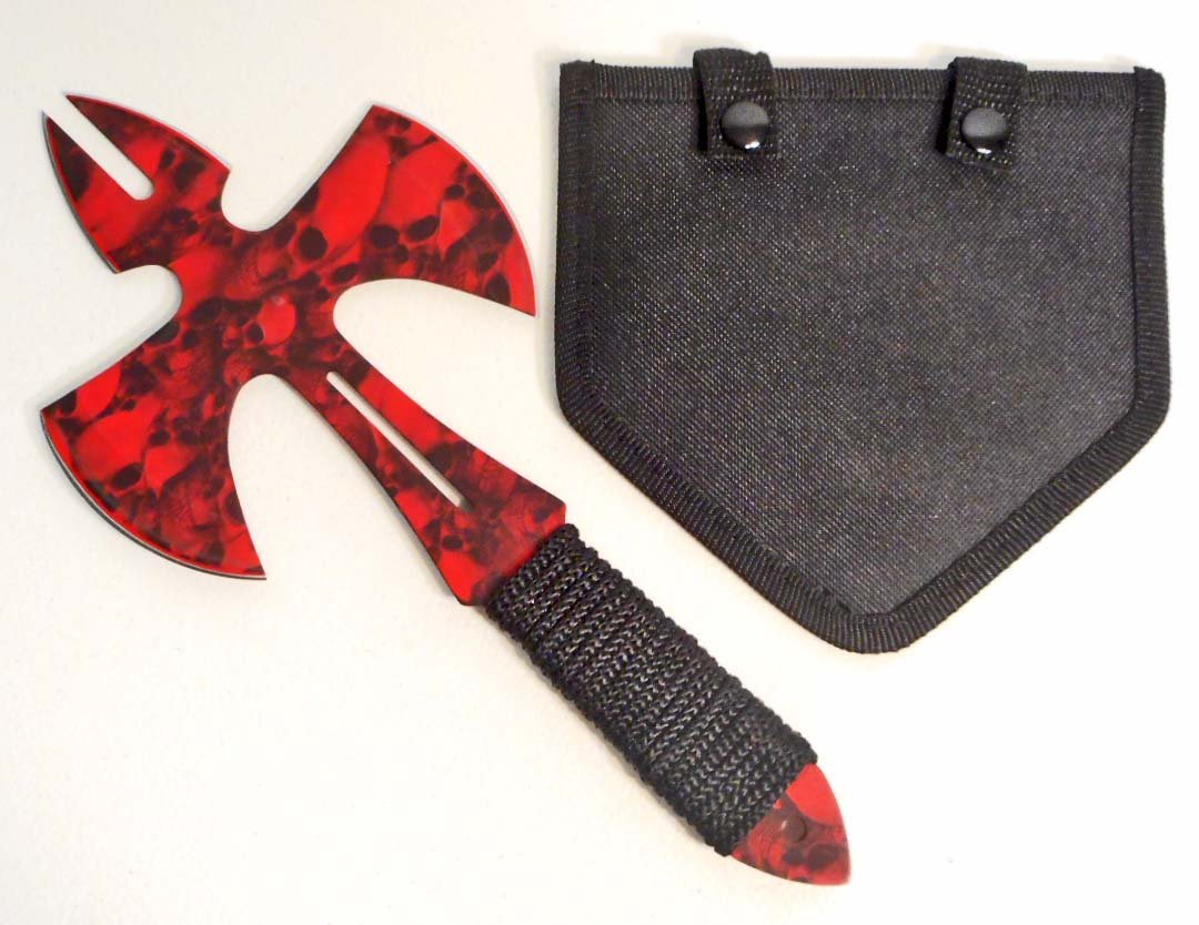 RED AND BLACK SKULLS THROWING AXE W/ SHEATH: Approx. 11" long