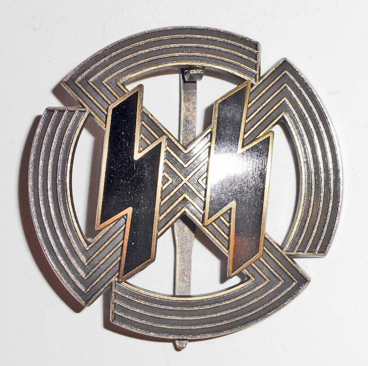 NAZI GERMAN WAFFEN SS BRONZE SPORTS PROFICIENCY BADGE: Maker marked 'Richard Sieper & Sohne Ludenscheid RZM M1/25'. Has a wide vertical pin back. Two piece bronze construction with a pair of black enameled runics.