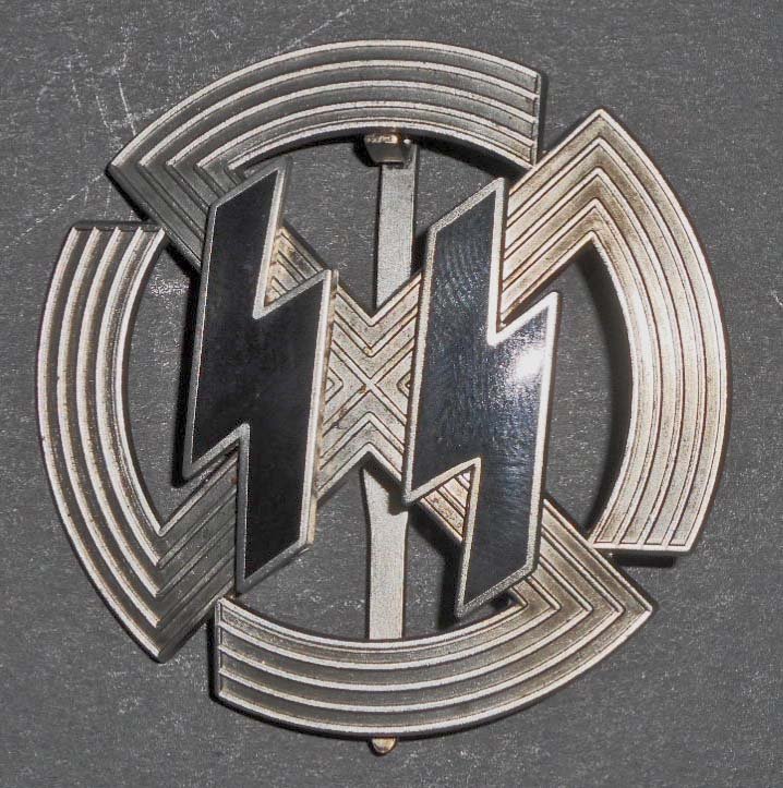 NAZI GERMAN WAFFEN SS SILVER SPORTS PROFICIENCY BADGE: . Maker marked 'Richard Sieper & Sohne Ludenscheid RZM M1/25'. Has a wide vertical pin back. Three piece nickel construction with a pair of black enamel runics.