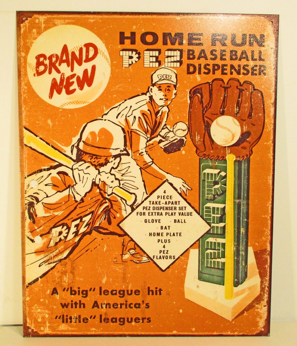 PEZ BASEBALL ADVERTISING METAL SIGN: Approx. 16" by 12.5"