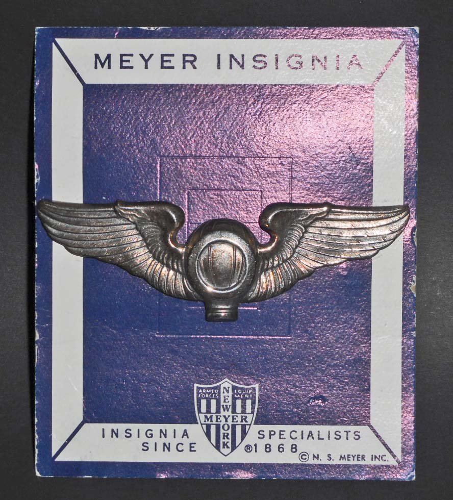 USAAF AIR FORCE BALLOON OBSERVER WING: Measures 3 3/16" wide by 1" tall. The reverse side is maker marked 'Meyer New York' in their shield logo. It is also marked 'Sterling'. Has a thin horizontal pin back. Mounted on an original Meyer car