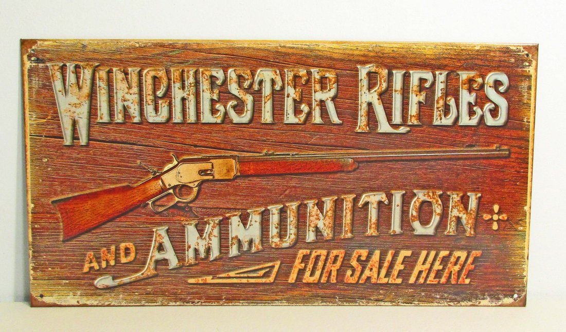 WINCHESTER RIFLES METAL ADVERTISING SIGN - 8.5X16: N/A