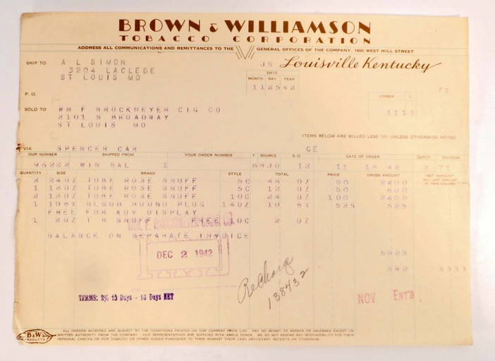 Vintage Brown & Williamson Tobacco Company Bill Heads