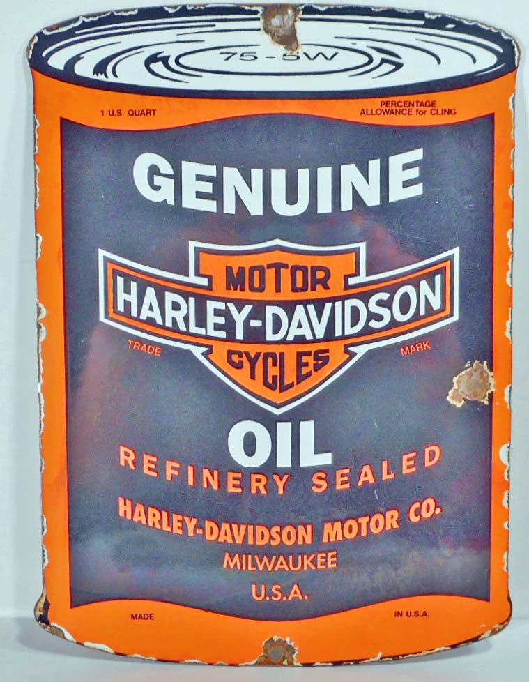VINTAGE HARLEY DAVIDSON HD OIL CAN PORCELAIN: Measures 8" wide by 11" tall. The front reads 'Genuine Harley Davidson Motor Cycles Oil Refinery Sealed Harley Davidson Motor Co Milwaukee USA Made in USA'. There is chipping around the Two (2) mounti