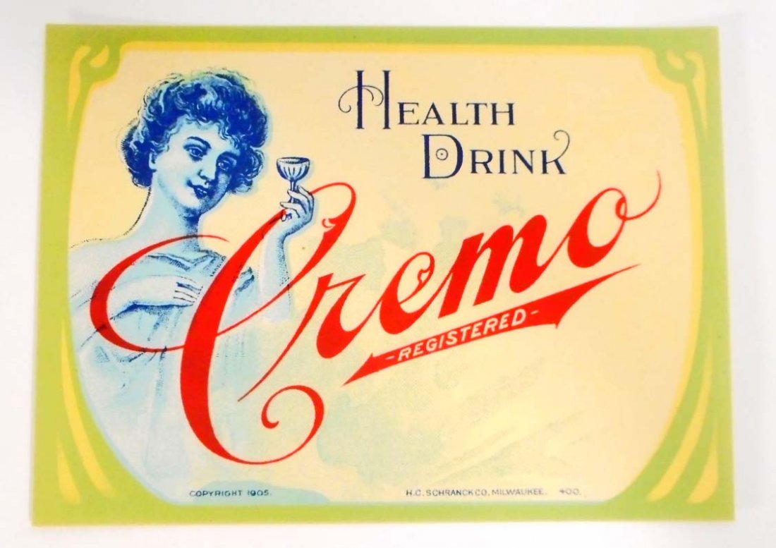 VINTAGE HEALTH DRINK CREMO ADVERTISING BOTTLE LABEL: Approx. 3" tall