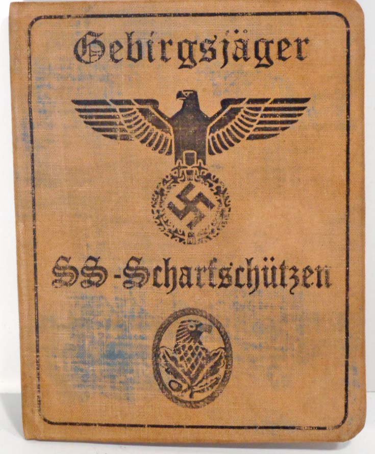 GERMAN NAZI WAFFEN SS SNIPER SOLDIER IDENTIFICATION: Measures 4 15/16" wide by 5" tall. It measures 7 15/16" wide open. The inside shows a photograph of the SS man along with his signature and blood type. He was in the 'Gebirgsjager SS Scharfschutzen Di