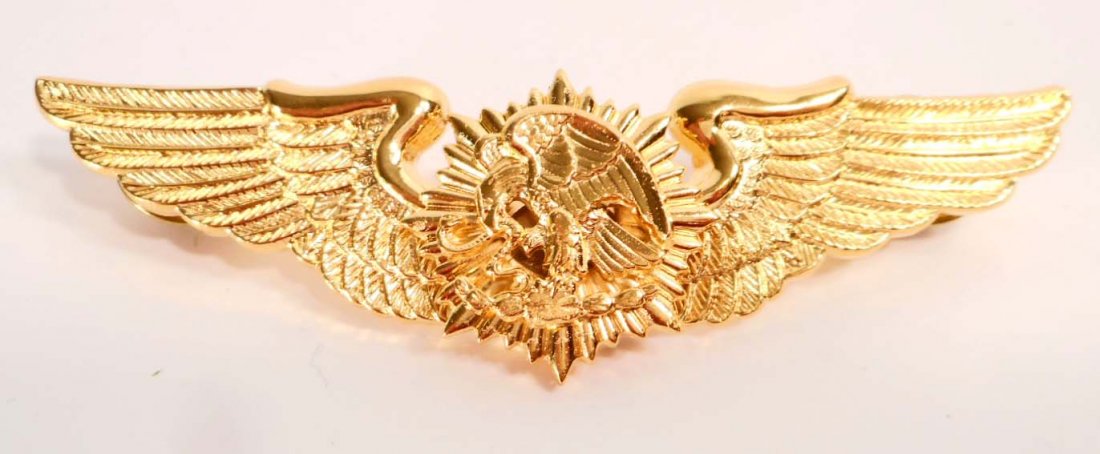 MEXICAN AIR FORCE AVIATOR PILOT WING: Measures 3 1/4" wide by 1" tall. Has Two (2) clutch posts and brass brads on the reverse side. Two piece brass construction