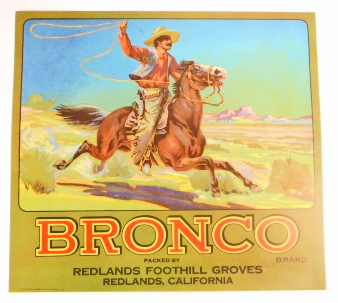 VINTAGE BRONCO ORANGE CRATE ADVERTISING LABEL (1 of 1)