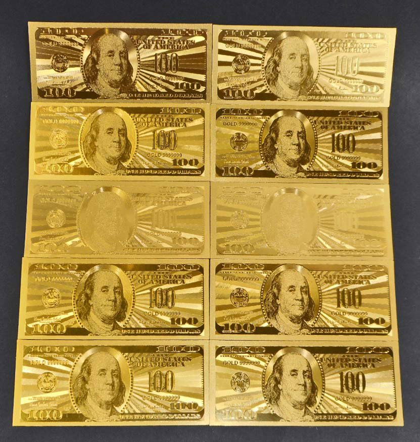 LOT OF 10 99.9% PURE GOLD $100 DOLLAR BILLS NOTES: Real collectable gold. No bullion, no monetary value.