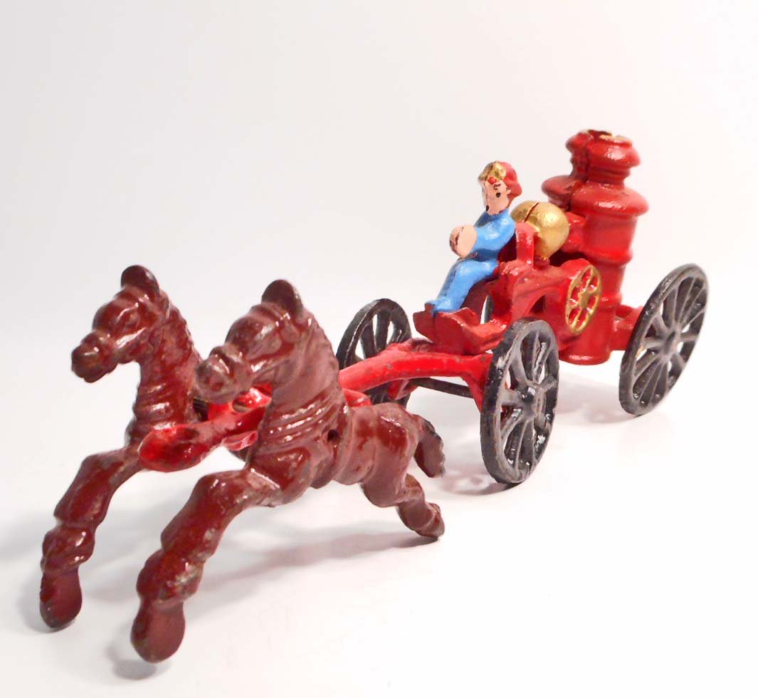 CAST IRON HORSE DRAWN FIRE ENGINE TOY: Two (2) pieces approx. 8.5" long together