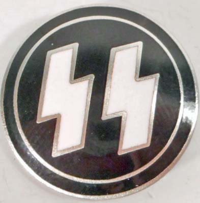 GERMAN NAZI WAFFEN SS PARTY MEMBER LAPEL BADGE: Measures 7/8" in diameter. The reverse side is maker marked 'RZM M1/4 ges gesch'. Has a thin horizontal pin back. Nickel construction with enamel.