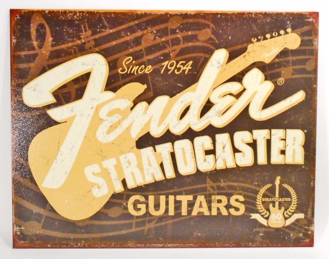 FENDER STRATOCASTER GUITARS METAL ADVERTISING SIGN -: N/A
