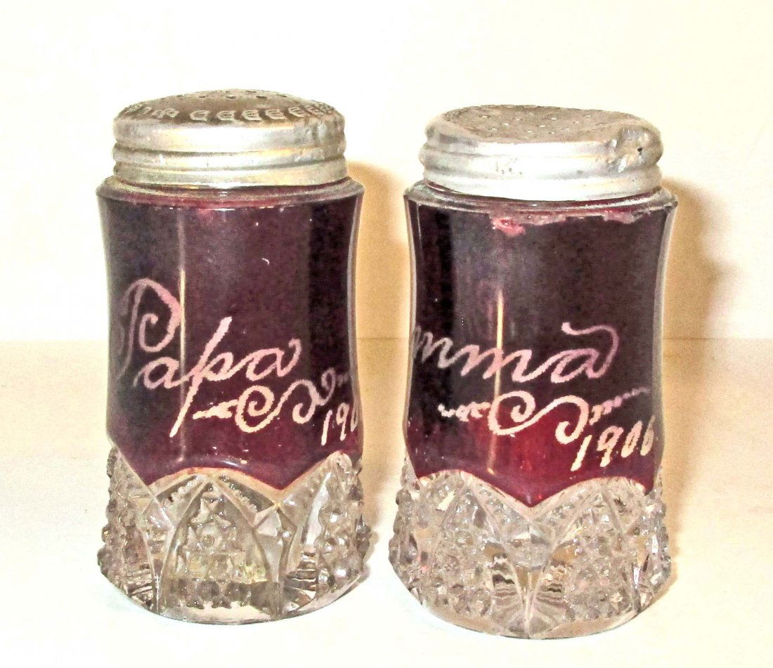 ANTIQUE 1906 RUBY RED GLASS SALT AND PEPPER SHAKERS (1 of 1)