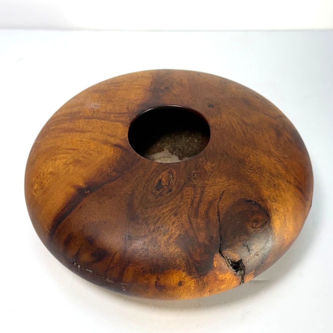 Jerry Lawson Hawaiian Koa Hollow Form Vessel (JOK): Handcrafted hollow form vessel by Hawaiian woodturner Jerry Lawson of Ewa Beach, Hawaii. Executed from a single piece of highly figured native koa wood, the vessel features a low oblate form with a ce