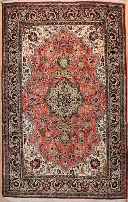 Fine Turkish Silk Carpet in Tabriz Design 3 ft 7 in x 5 ft 8 in (1.09 m x 1.72 m): Curated collection of antique, vintage and decorative rugs Size: 3 ft 7 in x 5 ft 8 in (1.09 m x 1.72 m) Provenance: From a distinguished New Jersey private collecti