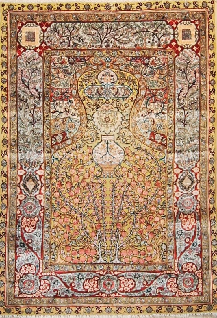 Chinese Hereke-Style Silk and Metallic Rug 3 ft 6 in x 5 ft (1.06 m x 1.52 m) (1 of 2)