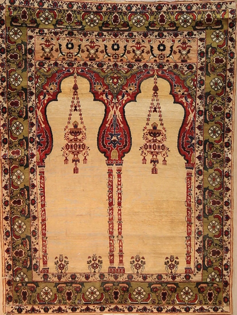 Ottoman-Style Silk Prayer Rug from India 4 ft 3 in x 6 ft 4 in (1.29 m x 1.93 m) (1 of 2)