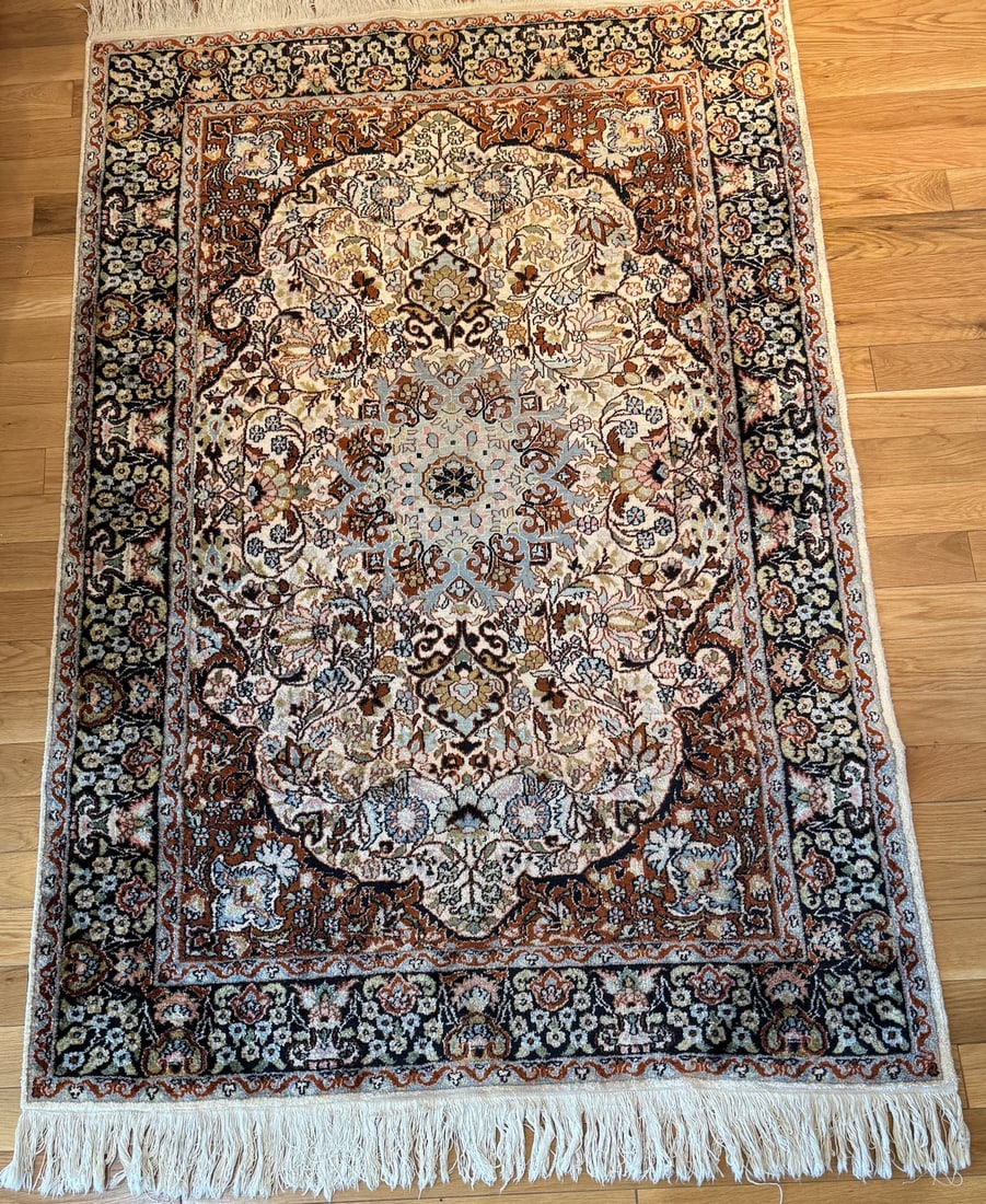 Fine Hand-Knotted Kashmir Silk Rug with Floral Tree-of-Life Design 4 ft x 6 ft (1.21 m x 1.82 m) (1 of 5)