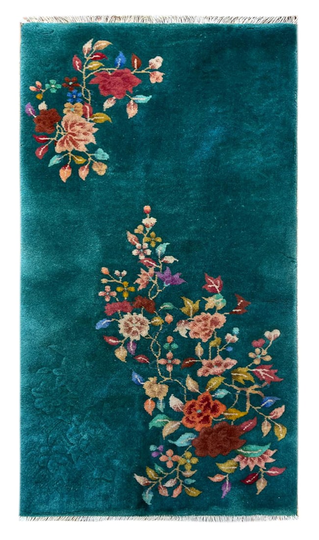Chinese Art Deco Rug 2 ft 0 in x 3 ft 9 in (0.61 m x 1.14 m): Curated collection of antique, vintage and decorative rugs Size: 2 ft x 3 ft 9 in (0.61 m x 1.14 m) Provenance: Property from a New York rug collection Th