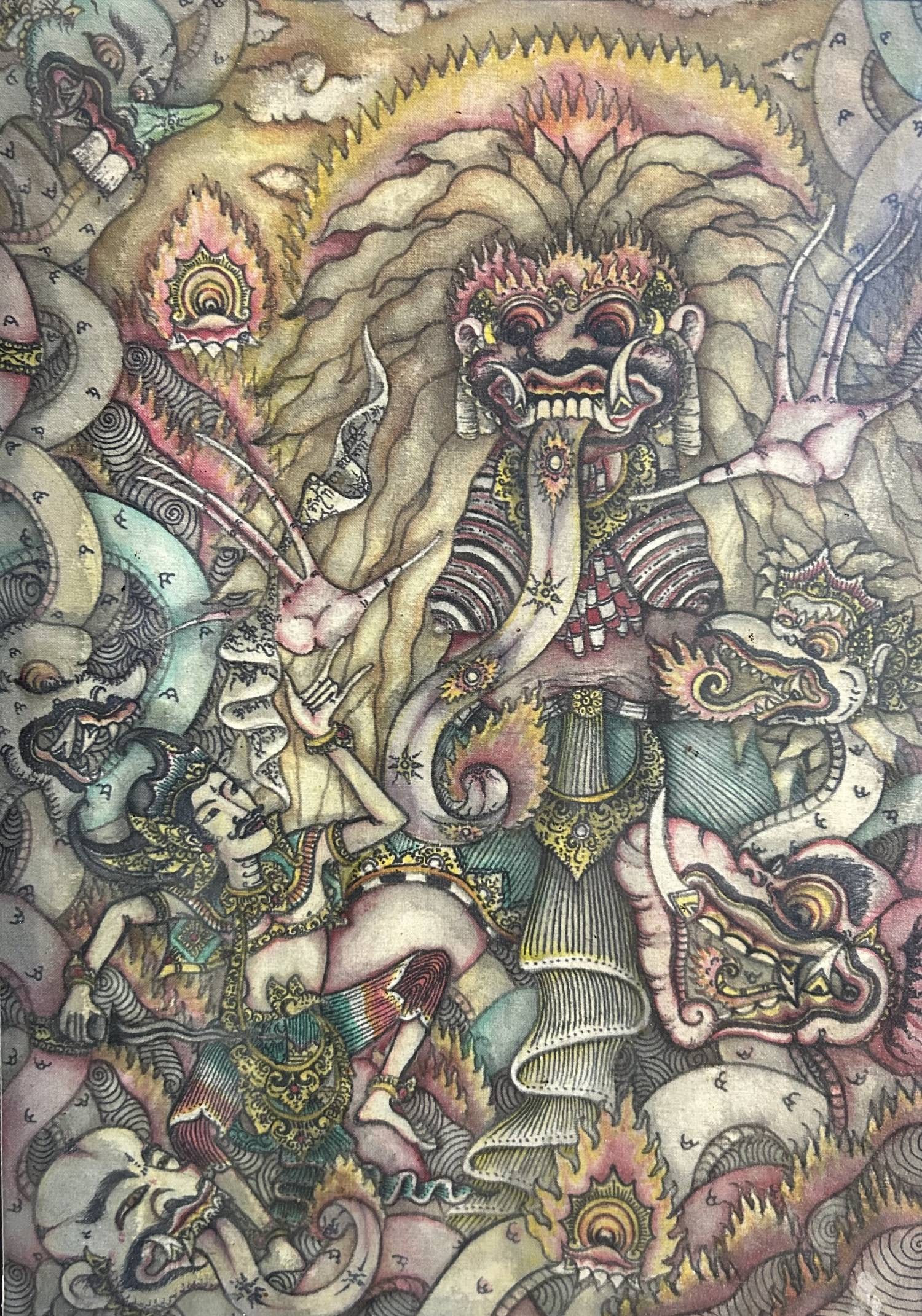 Prasetya Rudiantha, Calonarang | Acrylic on canvas: The legendary witch Calonarang appears amid a turbulent gathering of figures and supernatural forms. Layered color and fine linework draw upon the traditional Ubud painting style.