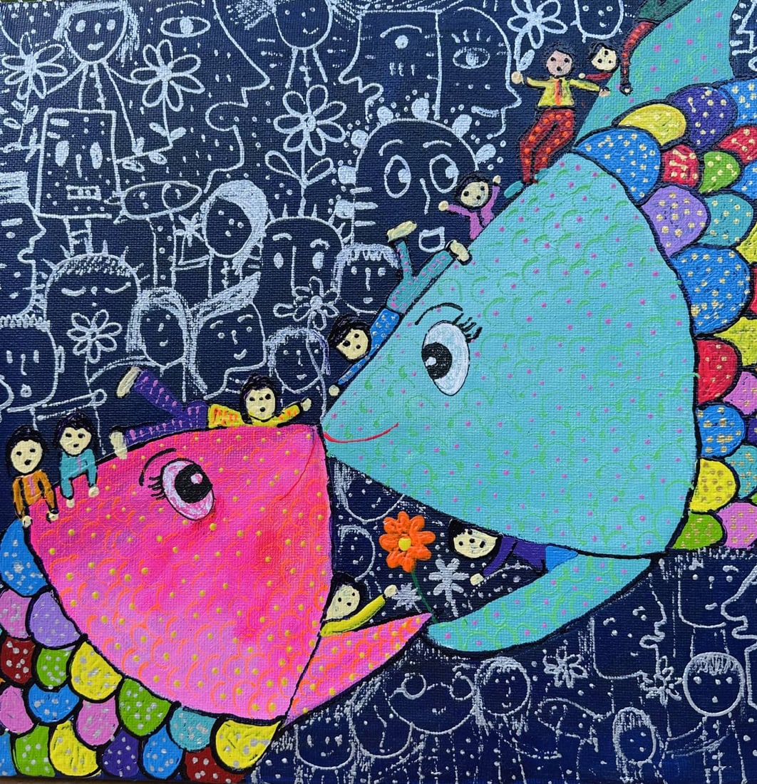 Ni Komang Atmi Kristiadewi, Untukmu (For You) | Mixed media on canvas: Two vibrantly colored fish face one another against a dark field filled with flowers, figures and spontaneous drawings. Their shared movement suggests companionship, trust and affection expressed thro