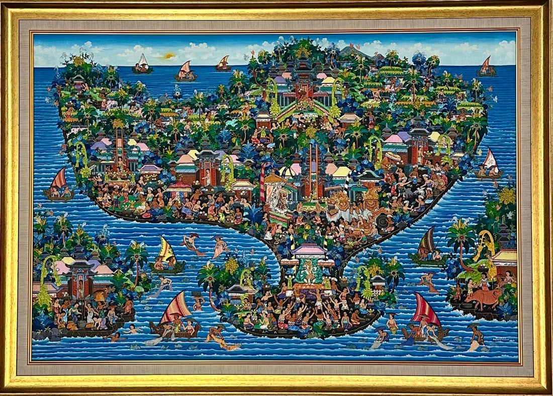 I Ketut Soki, Bali Island: Bali appears as a richly populated island surrounded by the sea, its temples, villages and ceremonial life arranged in the brilliant palette associated with the Young Artists tradition.