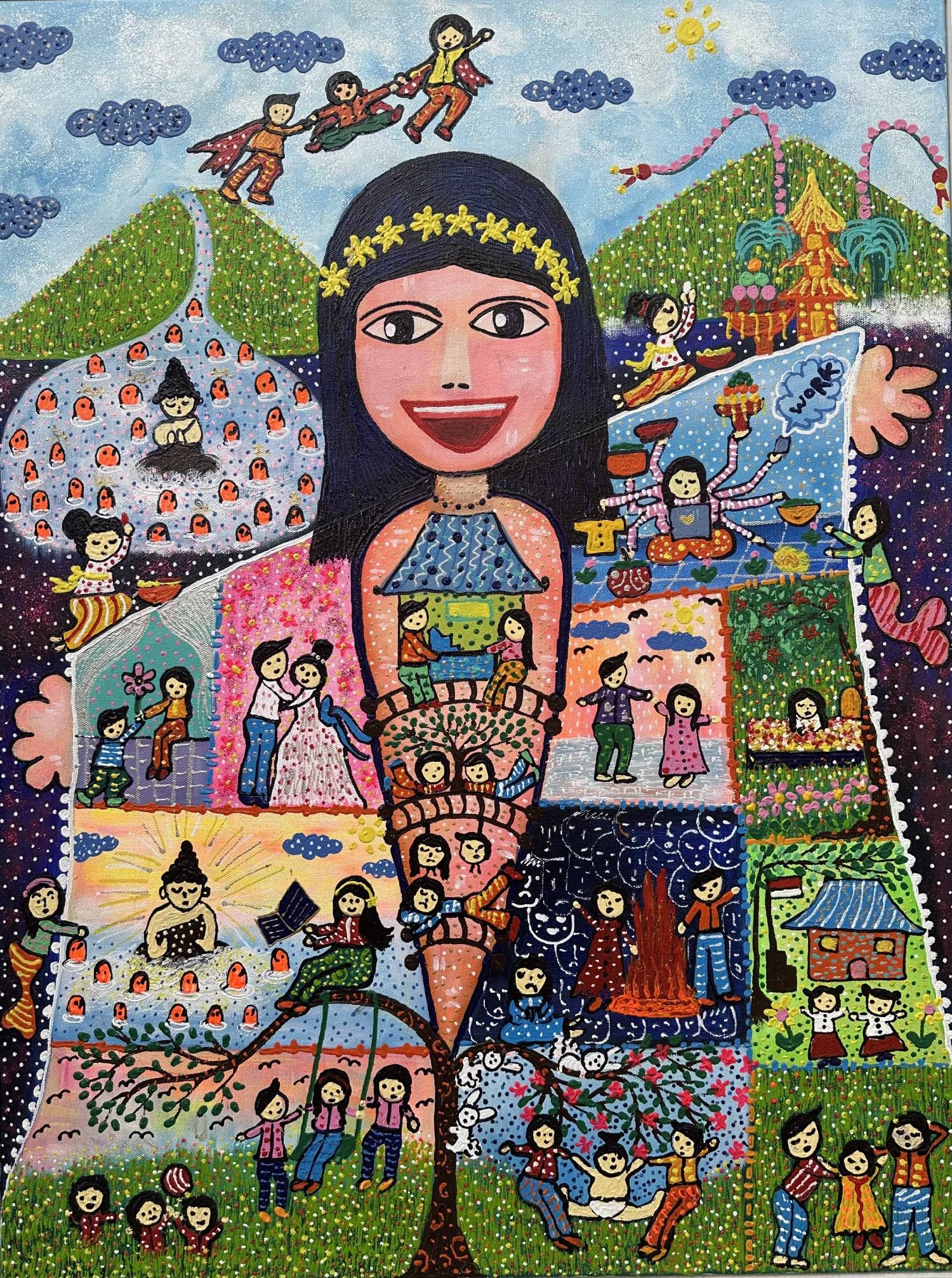Ni Komang Atmi Kristiadewi, Perempuan Semesta (Woman as the Universe) | Acrylic on canvas: A monumental female figure contains scenes of family, work, education, nature and ritual within and around her body. Conceived as a living universe, she embodies motherhood, resilience and the interde