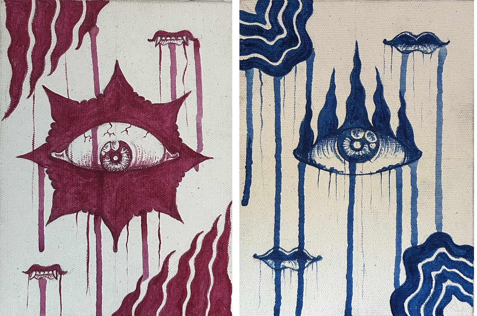 Prasetya Rudiantha, Dichotomy of Passion and Grace: A pair of contemporary compositions centered on stylized eyes, rendered in contrasting crimson and blue against unpainted canvas. Dripping lines, flame-like forms, and recurring mouth motifs create a 