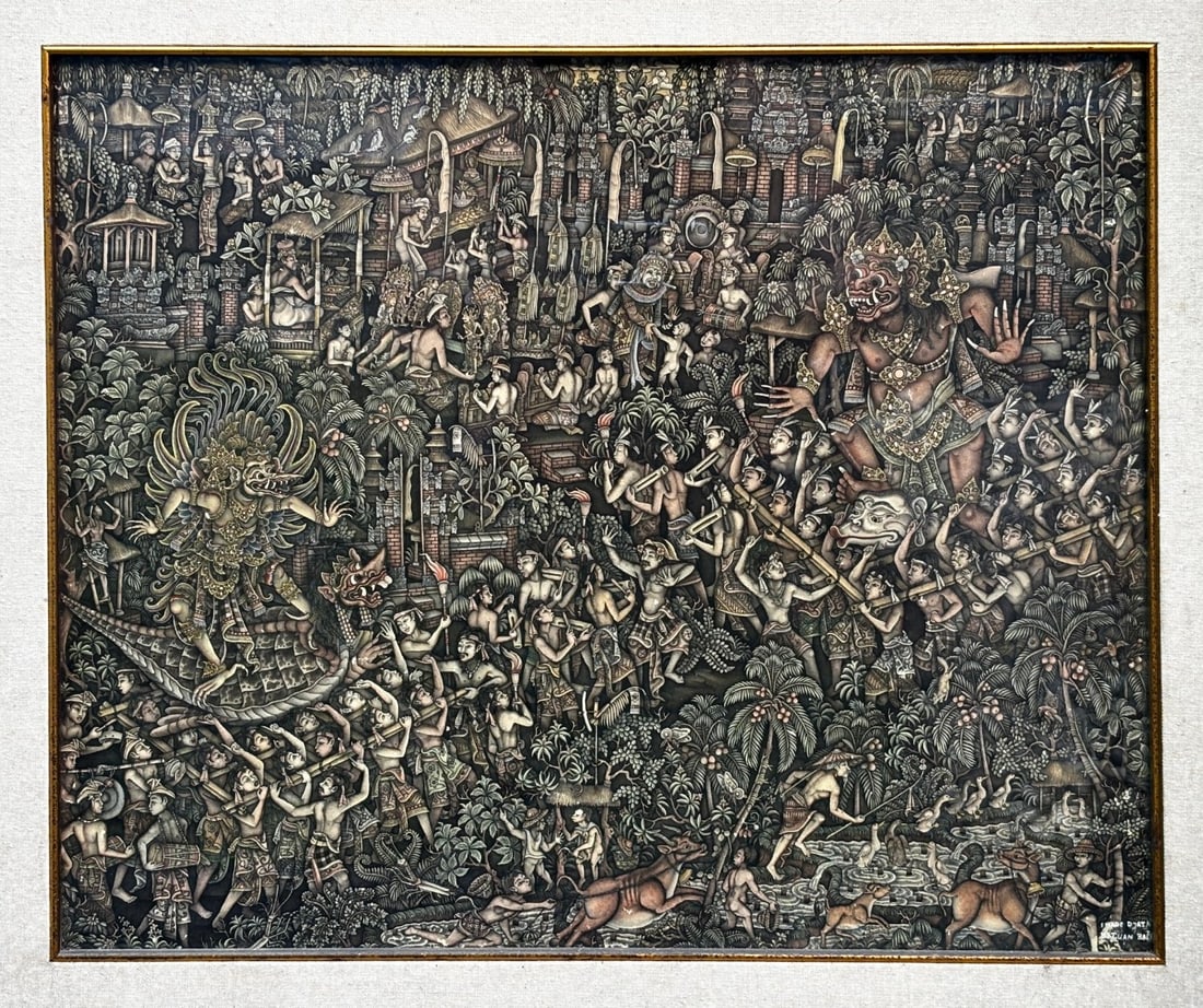 Attributed to I Made Djata, Pengrupukan: The crowded composition depicts Pengrupukan, the eve of Nyepi, when processions and ritual activity prepare the community for Bali's Day of Silence.