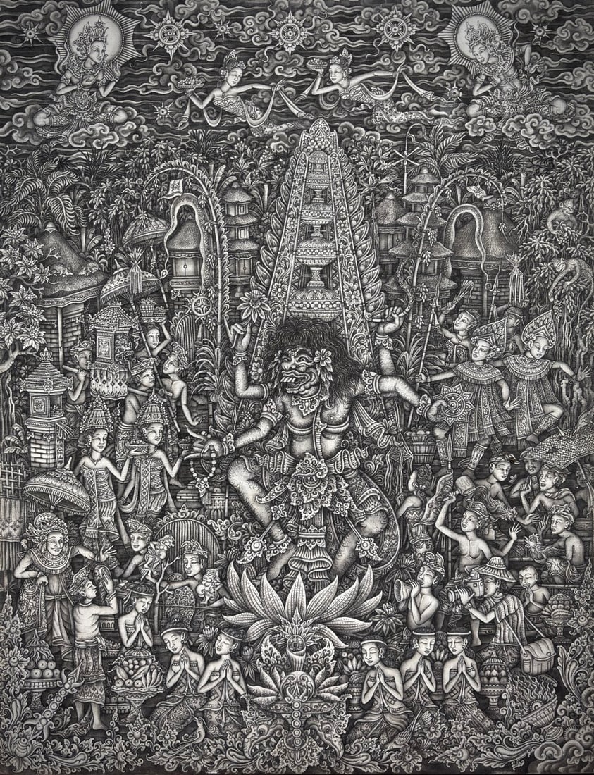 I Ketut Kenur, The Great Ceremony at the Temple | Chinese ink on canvas: A temple anniversary is celebrated through a densely populated scene of worship and communal activity, conveying both sincere devotion and a charged ceremonial atmosphere.