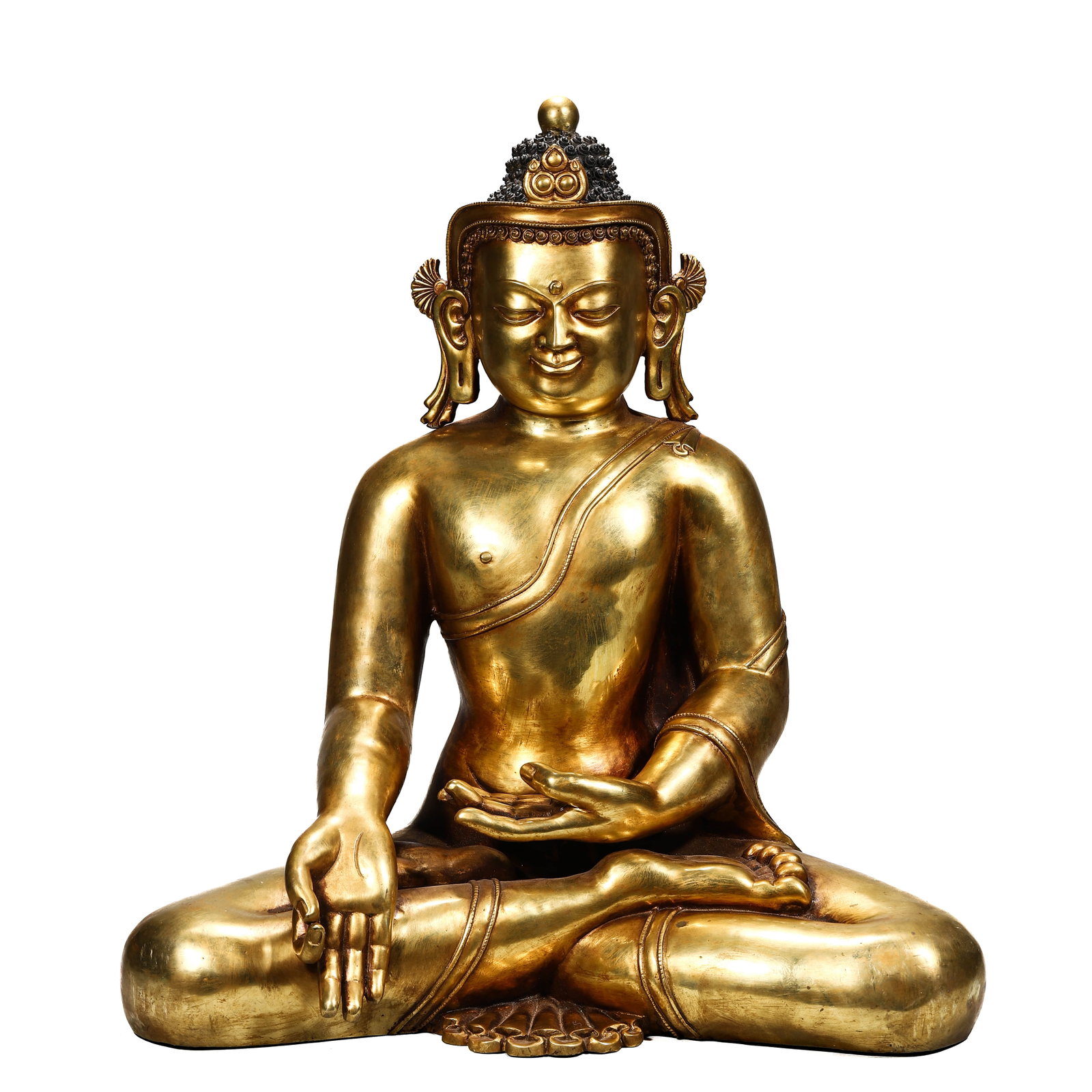 A TIBETAN-STYLE GILT-BRONZE BUDDHA FIGURE: A TIBETAN-STYLE GILT-BRONZE BUDDHA FIGURE Height: 19 5/16 in. (49 cm)