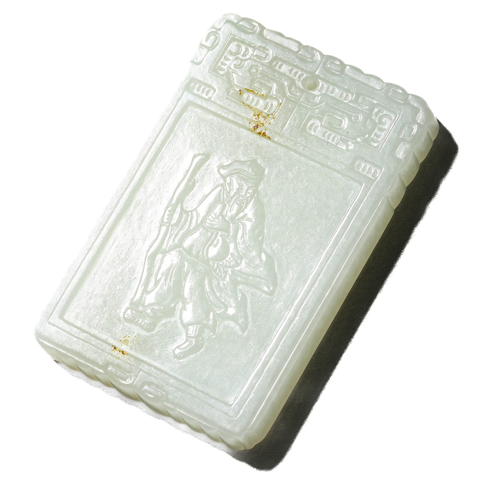 A WHITE JADE 'FIGURE' PLAQUE: A WHITE JADE 'FIGURE' PLAQUE Length: 2 3/8 in. (6 cm), Width: 1 9/16 in. (4 cm)