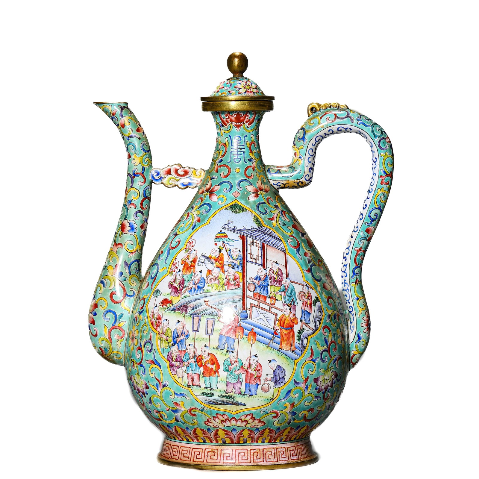 A GILT AND CLOISONNÉ ENAMEL 'HUNDRED BOYS' EWER: A GILT AND CLOISONNÉ ENAMEL 'HUNDRED BOYS' EWER Height: 9 1/4 in. (23.5 cm)