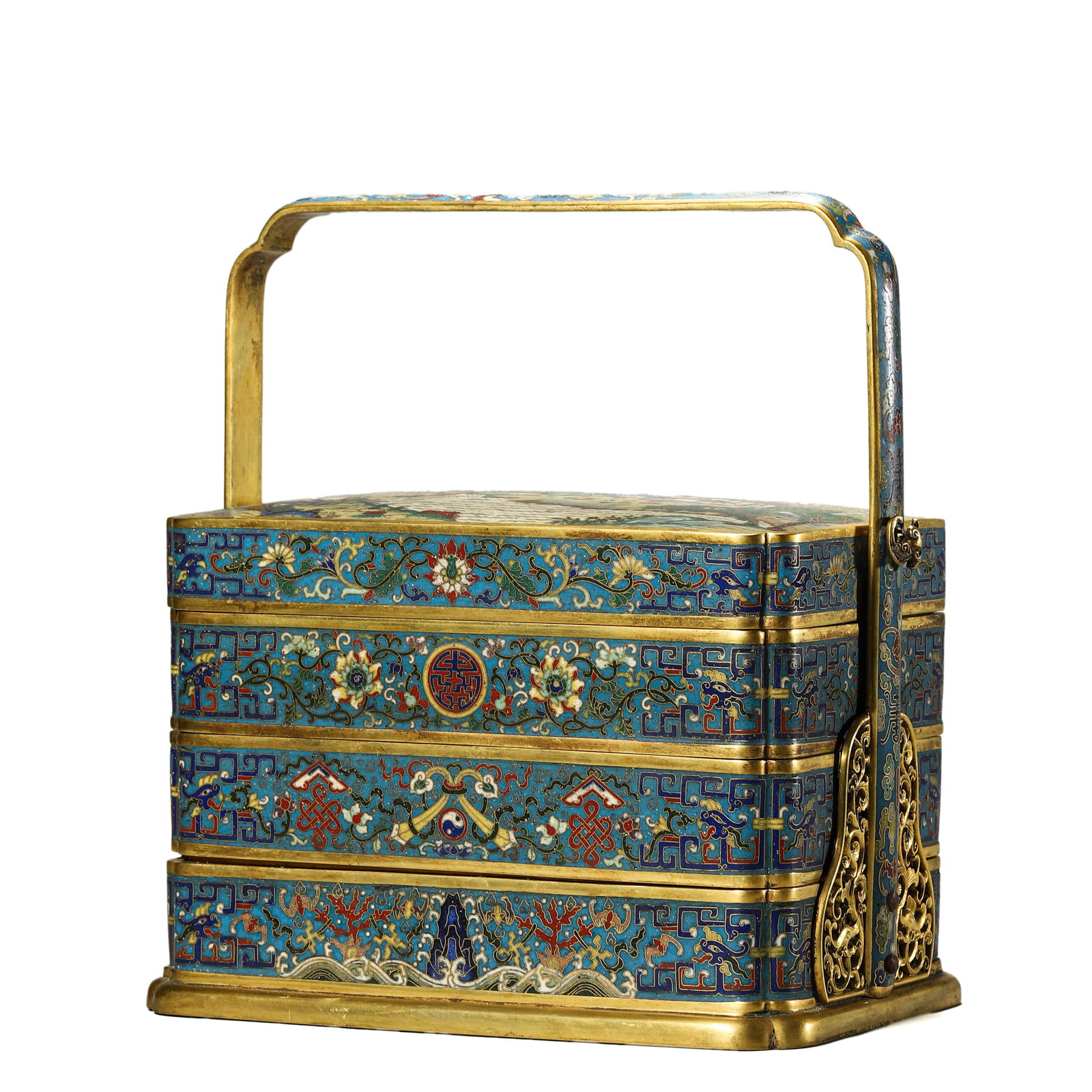 A CLOISONNÉ ENAMEL FOOD CONTAINER: A CLOISONNÉ ENAMEL FOOD CONTAINER Length: 8 7/8 in. (22.5 cm), Width: 5 11/16 in. (14.4 cm), Height: 9 13/16 in. (25 cm)