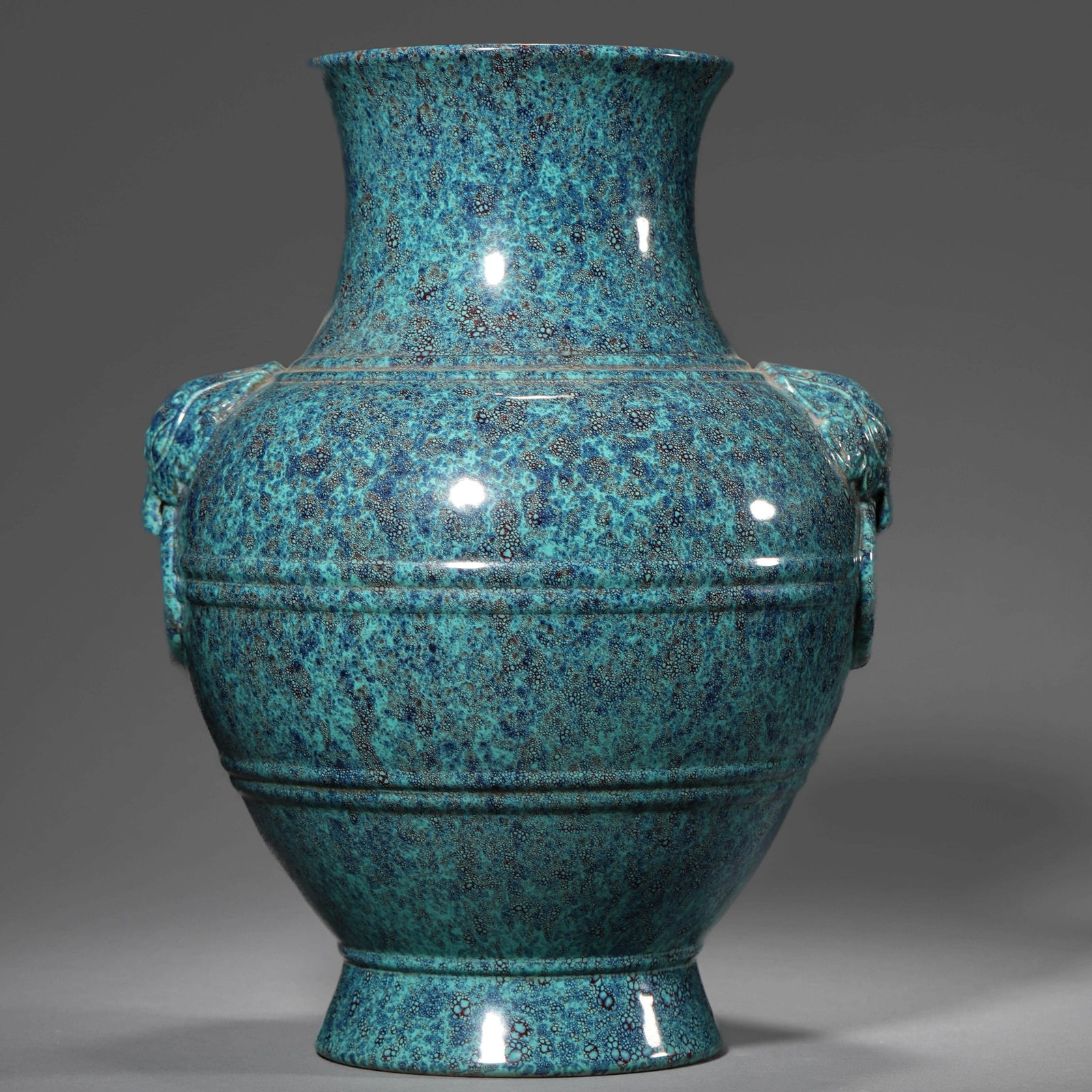 A JUN-TYPE GLAZED BEAST-HANDLE VASE: A JUN-TYPE GLAZED BEAST-HANDLE VASE Height: 9 1/2 in. (24 cm)