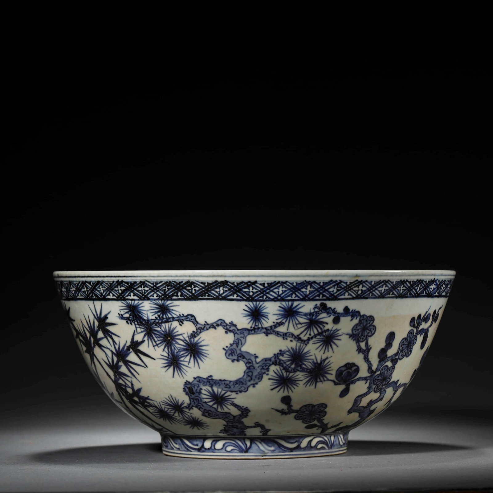 A BLUE AND WHITE 'THREE FRIENDS OF WINTER' BOWL: A BLUE AND WHITE 'THREE FRIENDS OF WINTER' BOWL Height: 4 1/2 in. (11.5 cm), Diameter: 10 1/4 in. (26 cm)