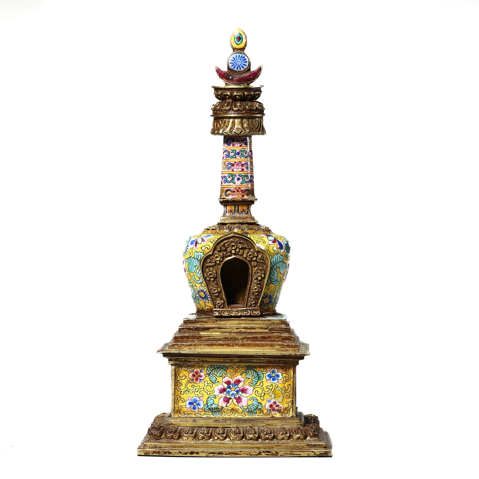 A BRONZE ENAMELED BUDDHIST STUPA: A BRONZE ENAMELED BUDDHIST STUPA Height: 7 1/2 in. (19 cm)