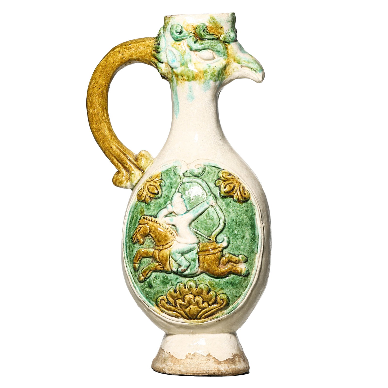 A SANCAI-GLAZED PHOENIX-HEAD EWER: A SANCAI-GLAZED PHOENIX-HEAD EWER Height: 12 3/16 in. (31.0 cm)