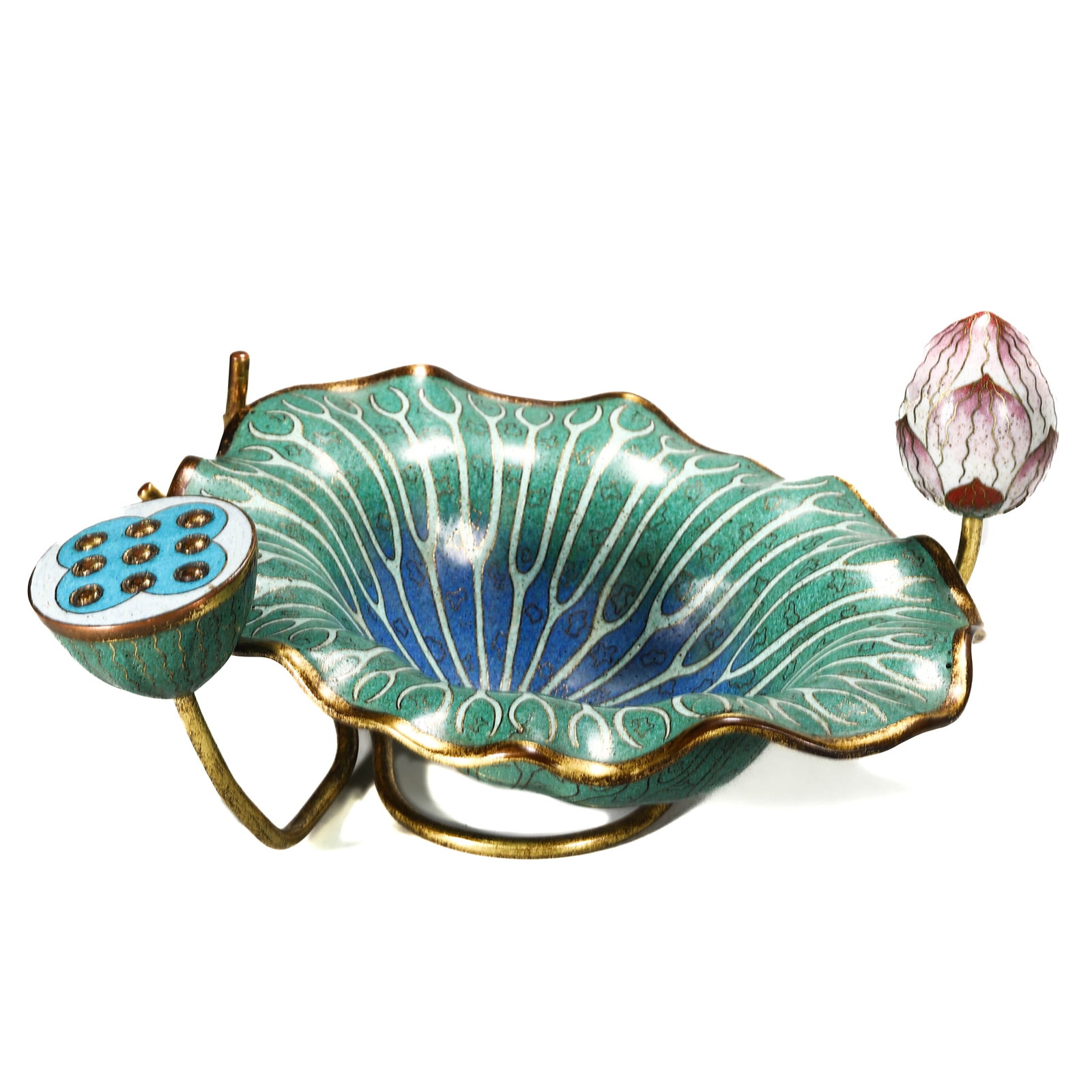 A CLOISONNÉ LOTUS-FORM ORNAMENT: A CLOISONNÉ LOTUS-FORM ORNAMENT Height: 5 1/8 in. (13 cm), Length: 6 3/4 in. (17 cm)