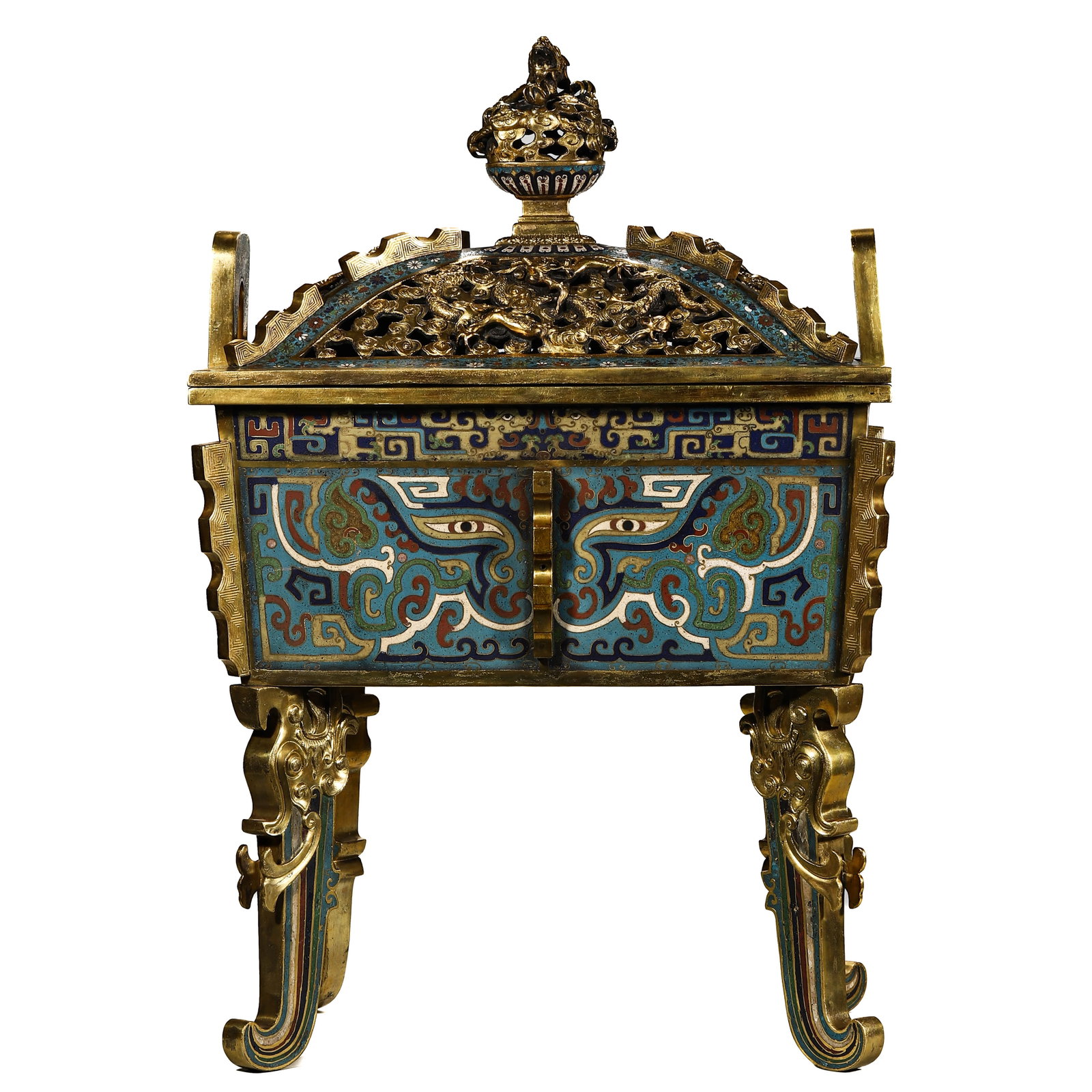 A CLOISONNÉ ENAMEL INCENSE BURNER: A CLOISONNÉ ENAMEL INCENSE BURNER Length: 17 3/4 in. (45 cm), Width: 12 5/8 in. (32 cm), Height: 26 3/4 in. (68 cm)