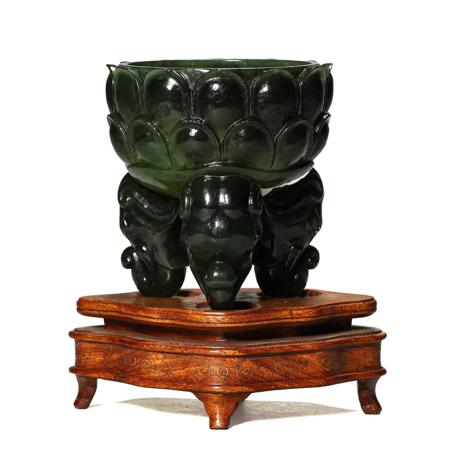 A SPINACH-GREEN GLASS THREE-LOBED FOOTED CUP (1 of 6)