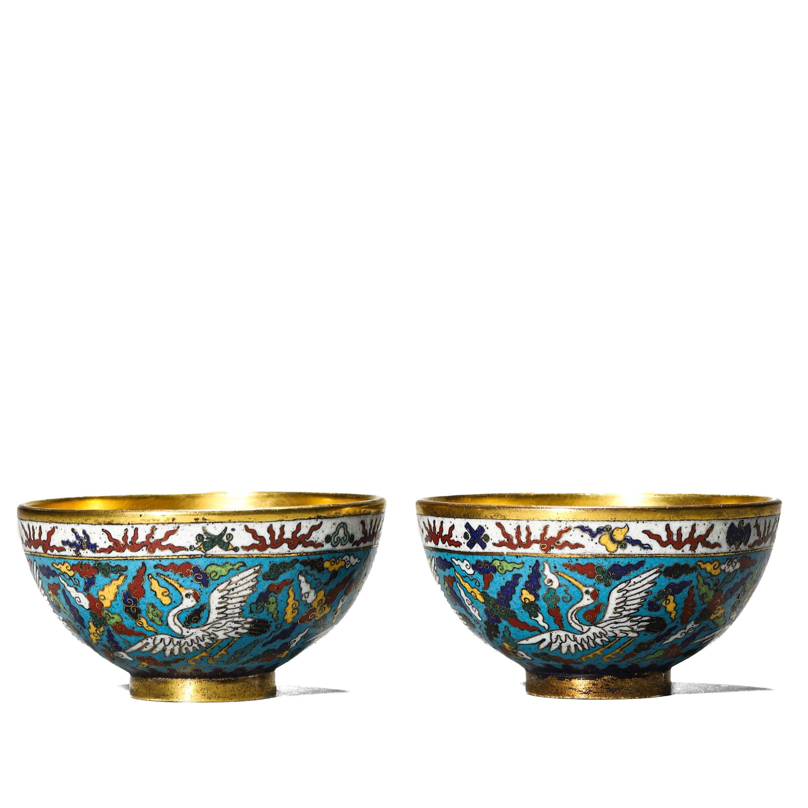 A PAIR OF CLOISONNÉ ENAMEL 'LONGEVITY' BOWLS (1 of 12)