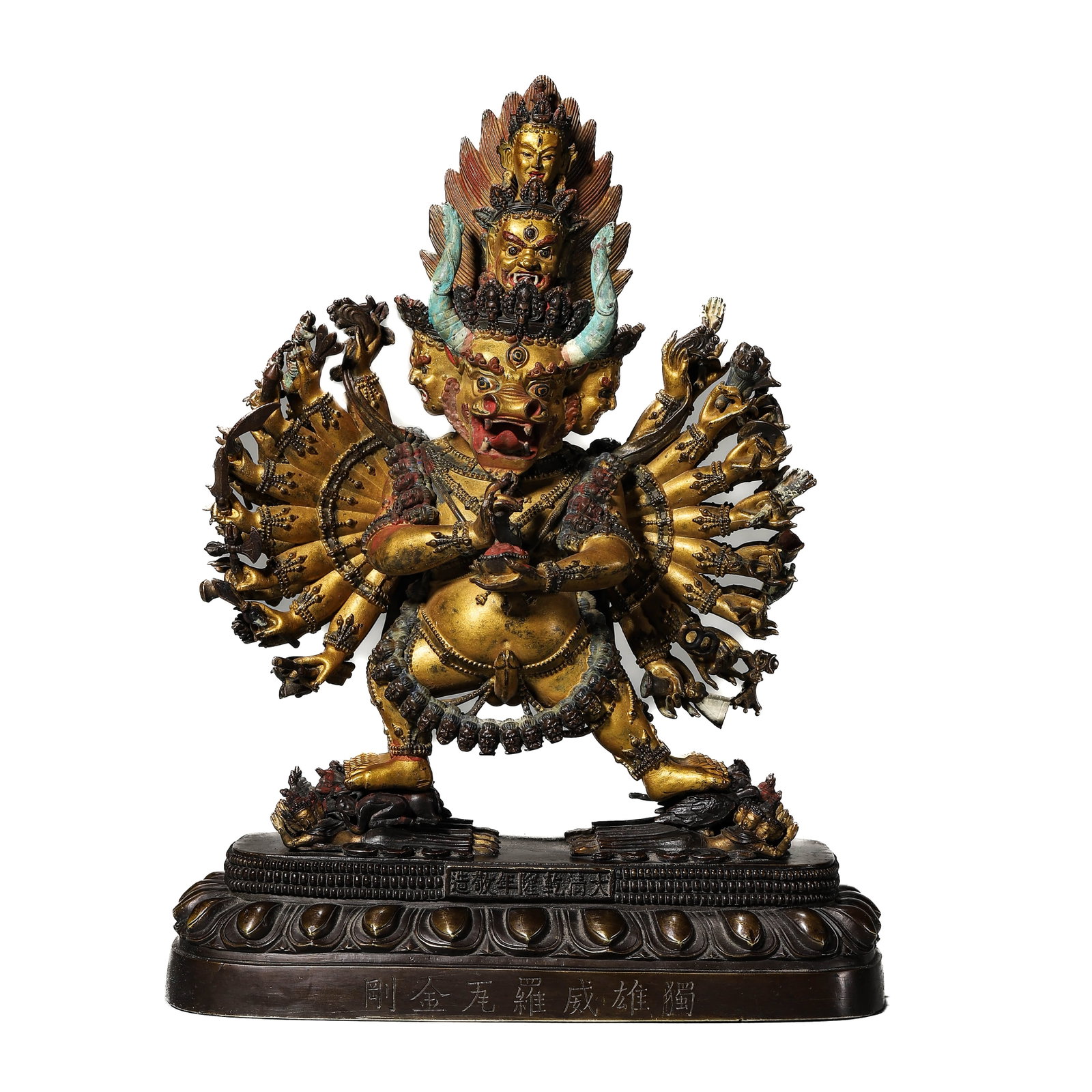 A COPPER AND LACQUER GILT VAJRAPANI FIGURE: A COPPER AND LACQUER GILT VAJRAPANI FIGURE Height: 10 in. (25 cm), Length: 7 5/8 in. (19.5 cm)
