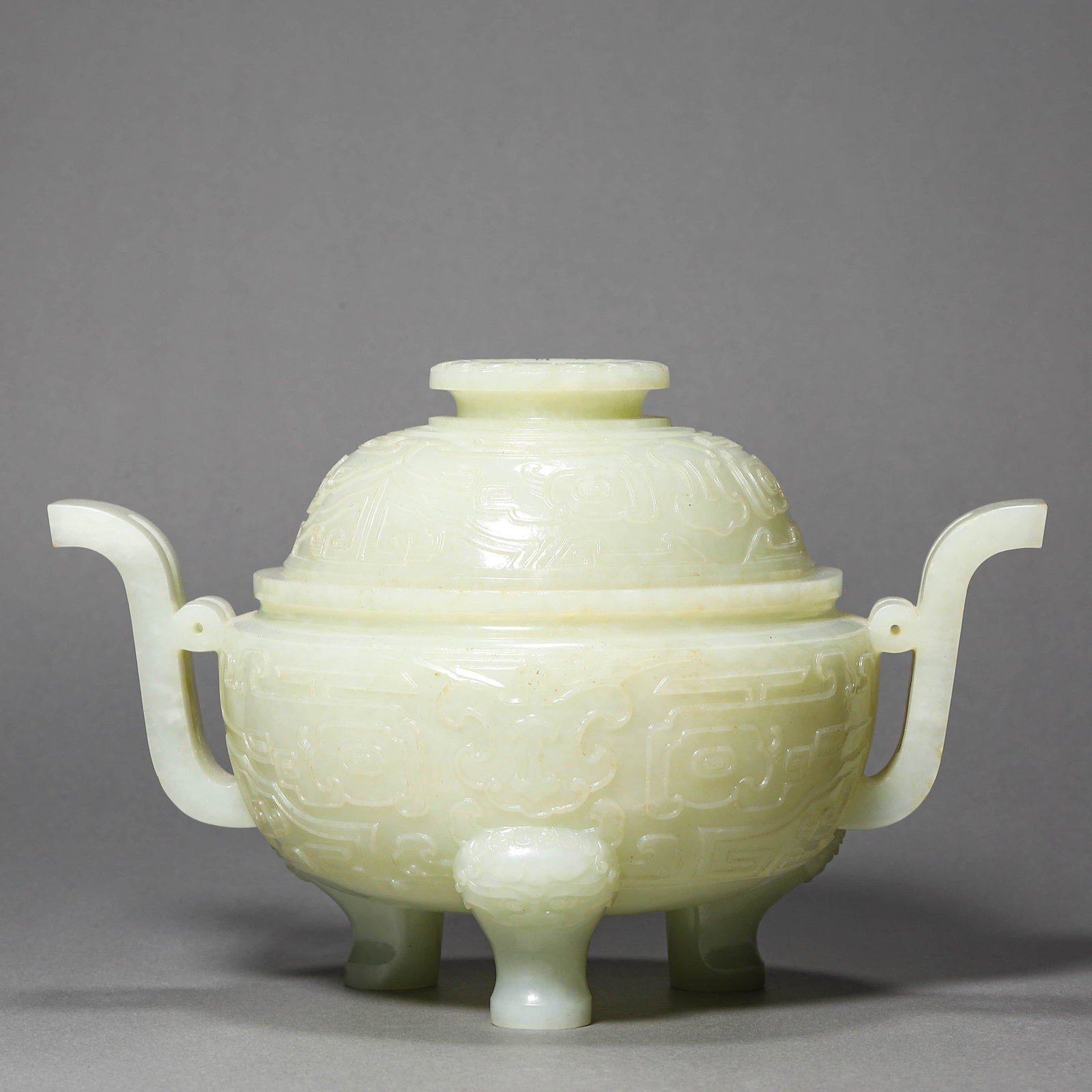 A WHITE JADE DOUBLE-EAR CENSER: A WHITE JADE DOUBLE-EAR CENSER Height: 5 1/8 in. (13 cm)