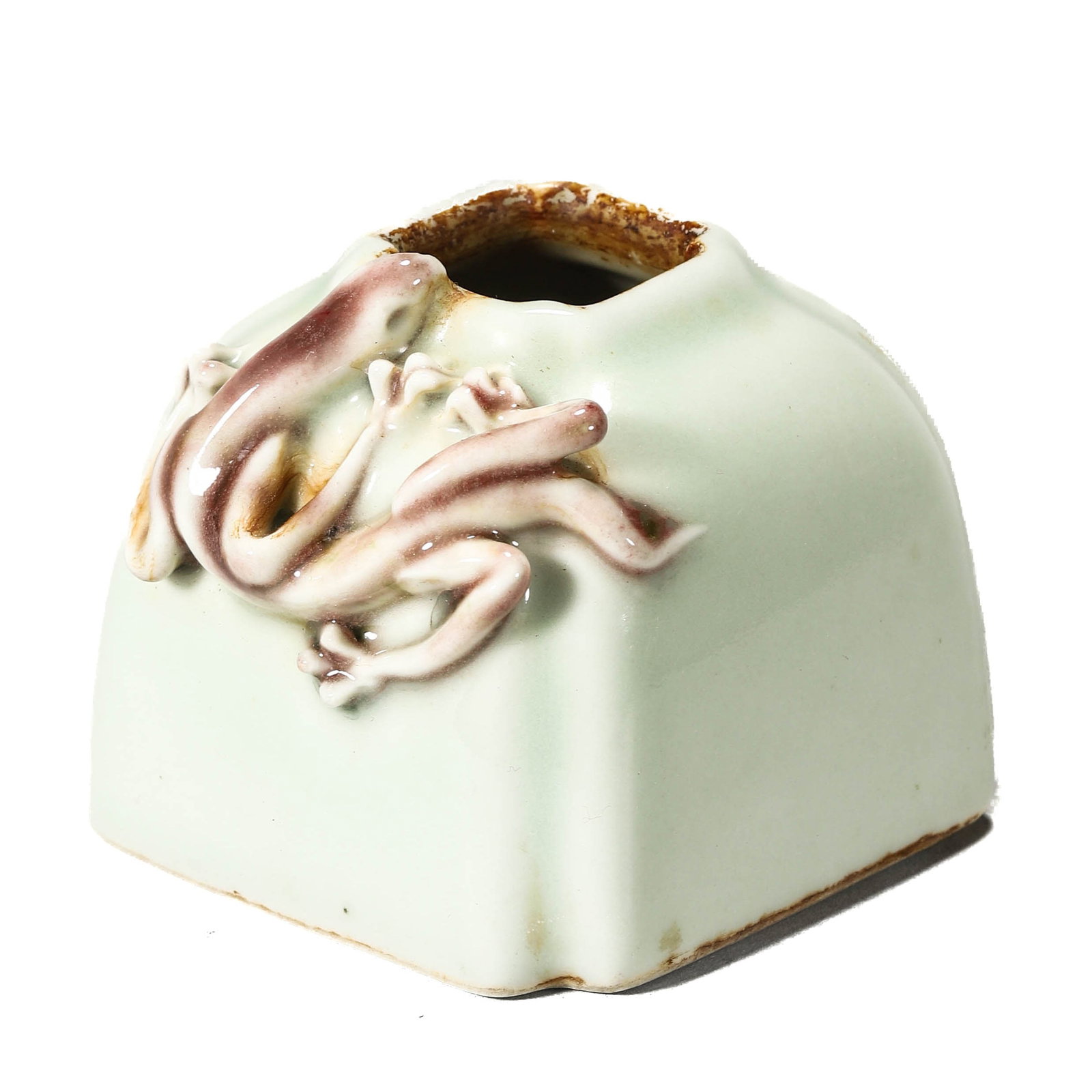 A CELADON-GLAZED WATER POT: A CELADON-GLAZED WATER POT Length: 2 9/16 in. (6.5 cm), Width: 2 5/8 in. (6.6 cm), Height: 2 1/16 in. (5.3 cm)