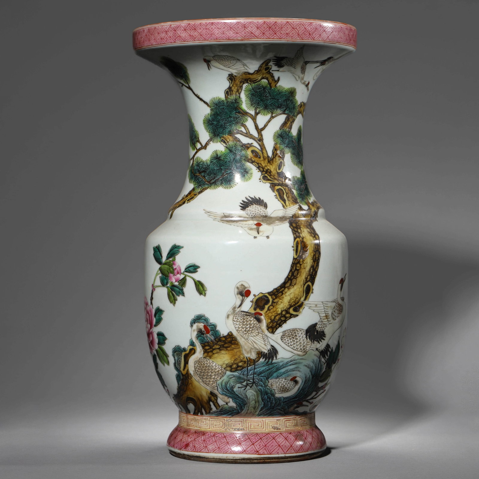 A FAMILLE ROSE 'CRANE' ROULEAU VASE: A FAMILLE ROSE 'CRANE' ROULEAU VASE Diameter: 8 1/8 in. (20.5 cm), Height: 15 5/8 in. (39.5 cm)